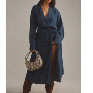 Anthropologie Pilcro Denim Blue Cotton Wrap Midi Dress Size XS  V-Neck Tie Front